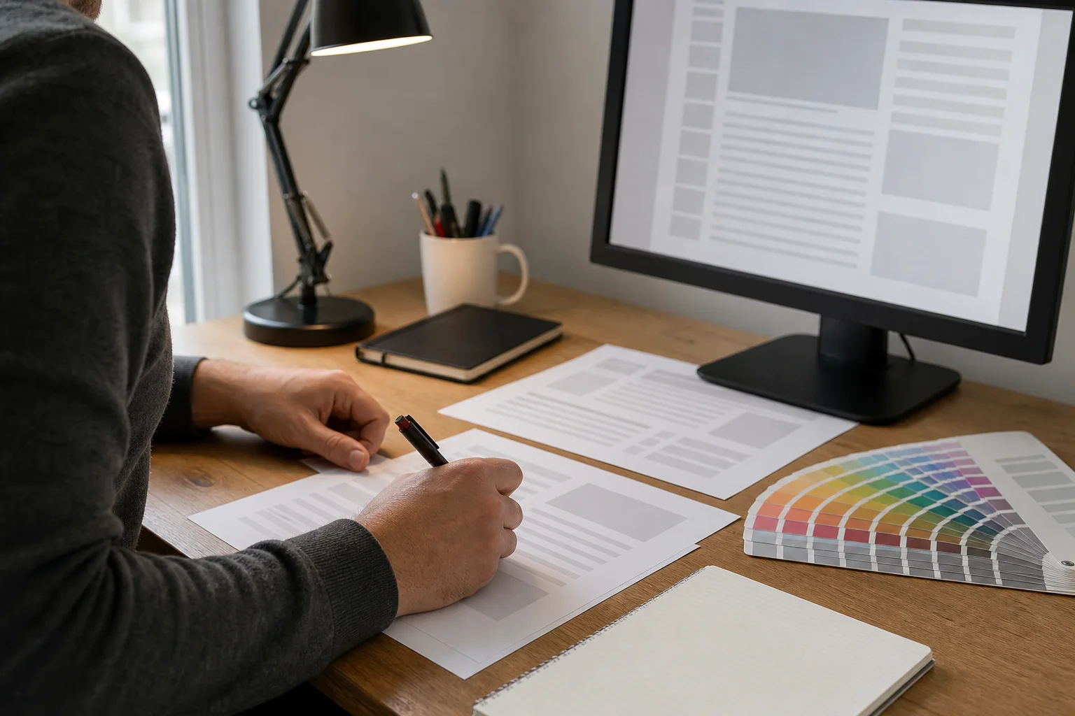 Editor reviewing browser tool documentation, printed proofs, and display color samples at a desk