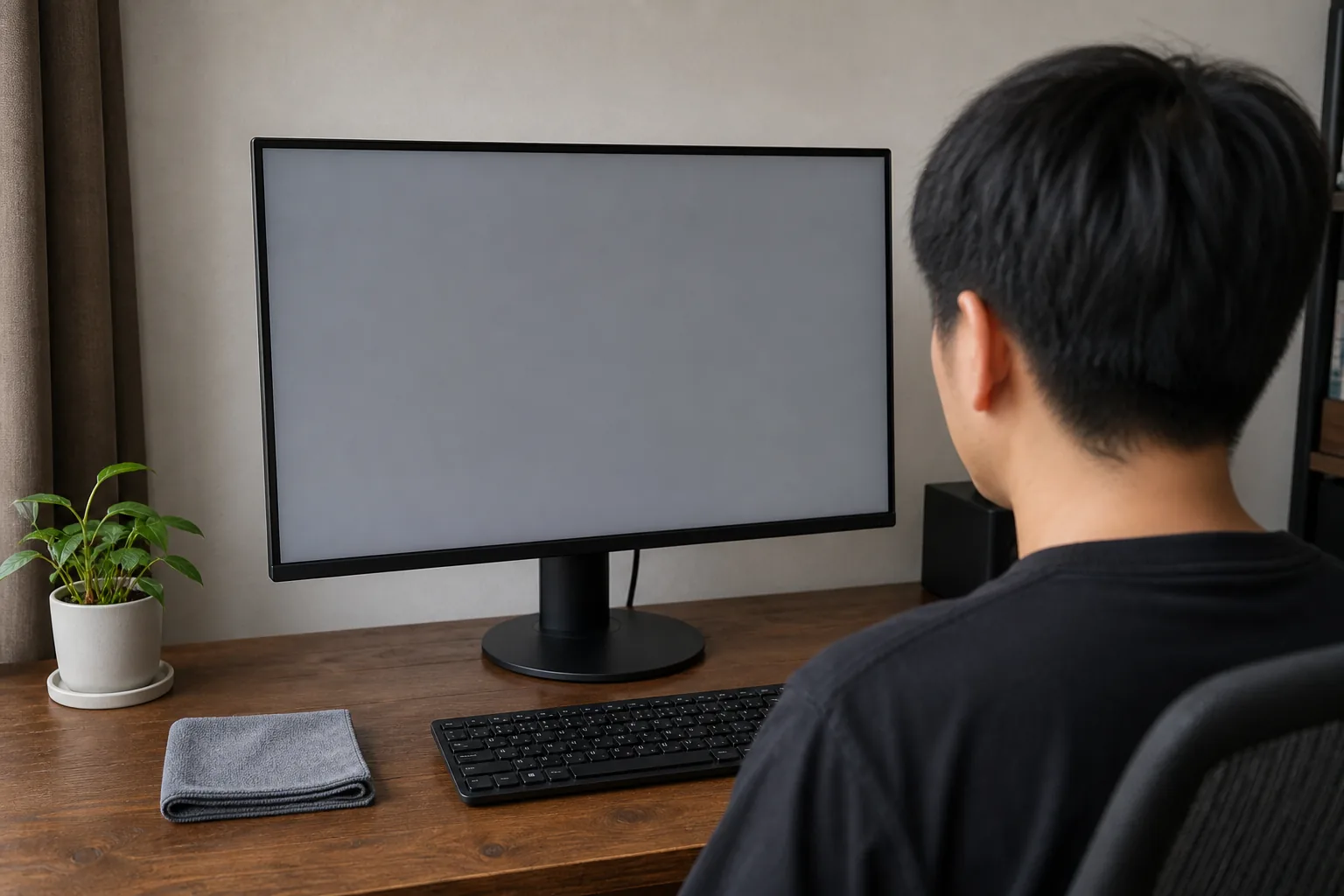 Person inspecting a monitor showing a neutral gray field from a normal centered viewing position