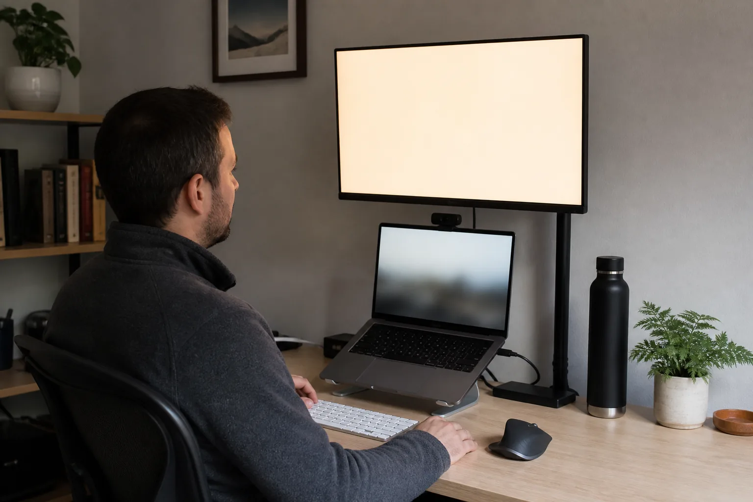 Home-office setup with a warm white monitor placed above a laptop to provide gentle video-call fill light