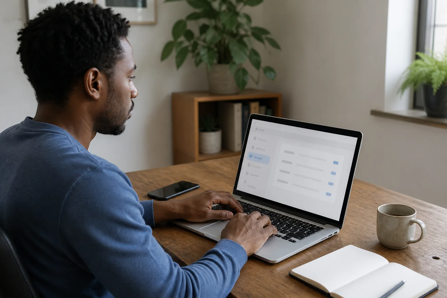 Person reviewing browser privacy settings and a support workflow on a laptop at a quiet desk