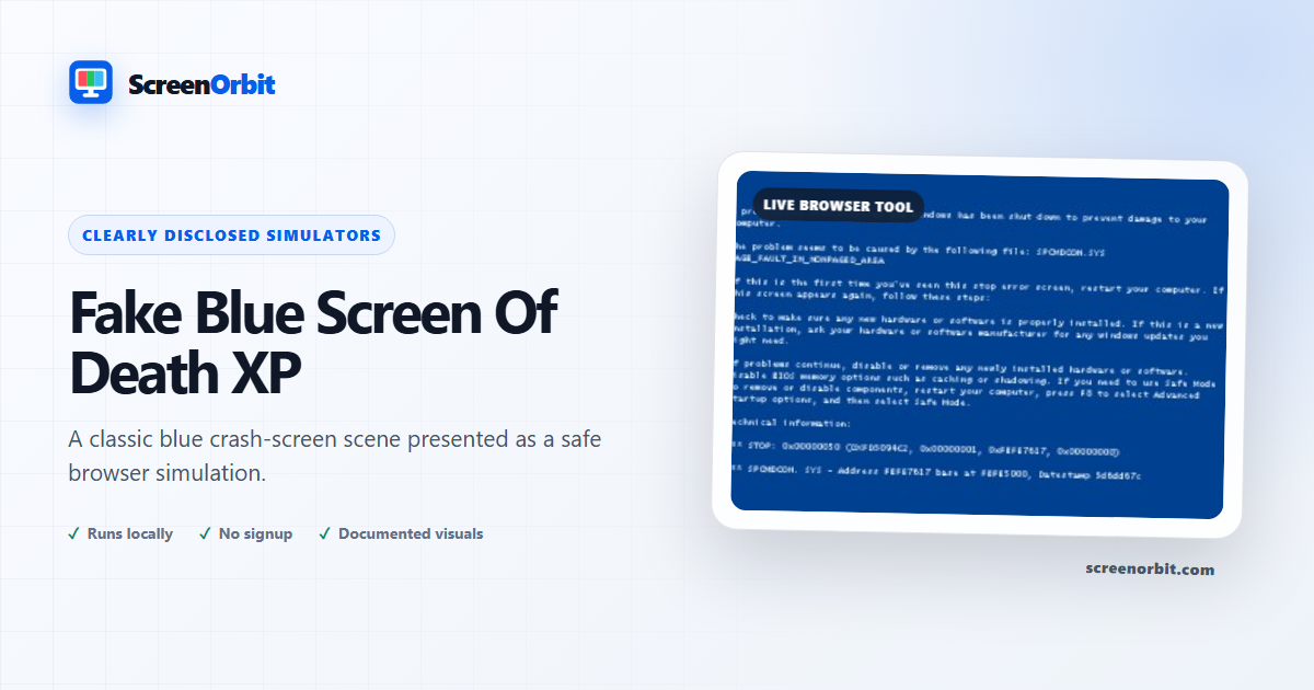 Fake Blue Screen Of Death XP browser tool by ScreenOrbit